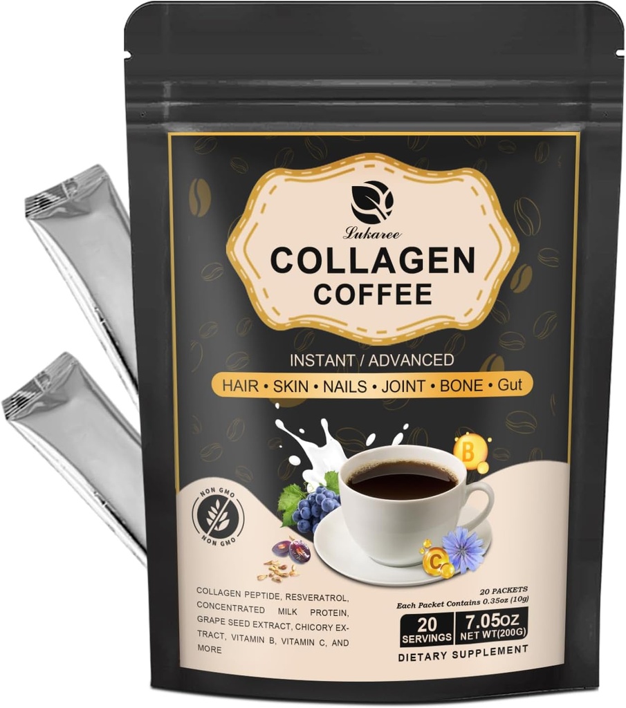 Lukaree Café Collagène avec Vitamine B7, B9, Poudre de Peptide de Collagène Instantané avec Résératrol, Vitamine C, Carnosine pour les cheveux, la peau, les ongles, les os