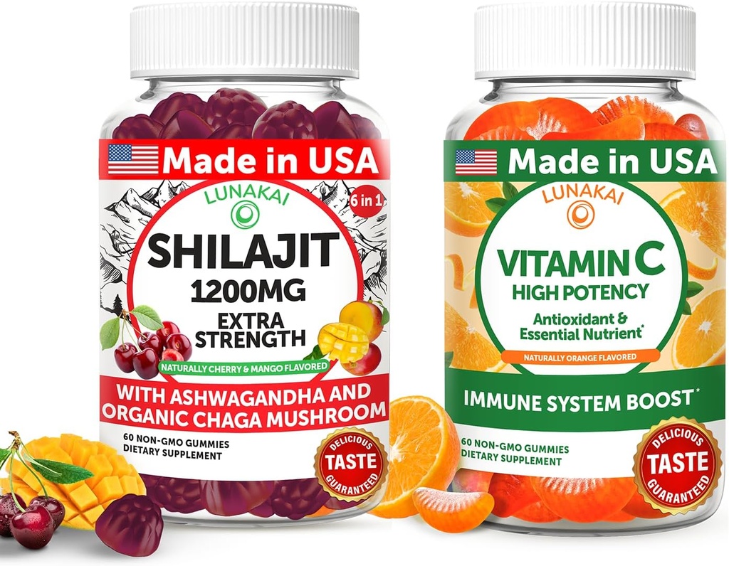Lunakai USA Made Shilajit & Vitamine C Bundle Gommies à haute puissance – Energy and Immune Support – Non-OGM & Delicious