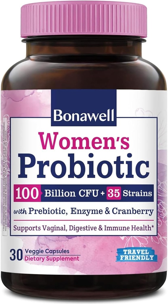 Bonawell probiotiques pour les femmes 100B, avec prébiotiques, enzymes digestives et canneberge biologique pour la santé vaginale féminine, la digestion et l'immunité, plateau-stable, libération retardée, 30 capsules de légumes