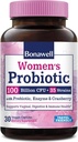 Bonawell probiotiques pour les femmes 100B, avec prébiotiques, enzymes digestives et canneberge biologique pour la santé vaginale féminine, la digestion et l'immunité, plateau-stable, libération retardée, 30 capsules de légumes