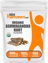 BulkSupplements.com Poudre d'Ashwagandha biologique - Suppléments d'Ashwagandha biologique, provenant de la racine d'Ashwagandha - Sans gluten, 2g par portion, 500g (1,1 lb) (paquet de 1)