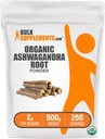 BulkSupplements.com Poudre d'Ashwagandha biologique - Suppléments d'Ashwagandha biologique, provenant de la racine d'Ashwagandha - Sans gluten, 2g par portion, 500g (1,1 lb) (paquet de 1)