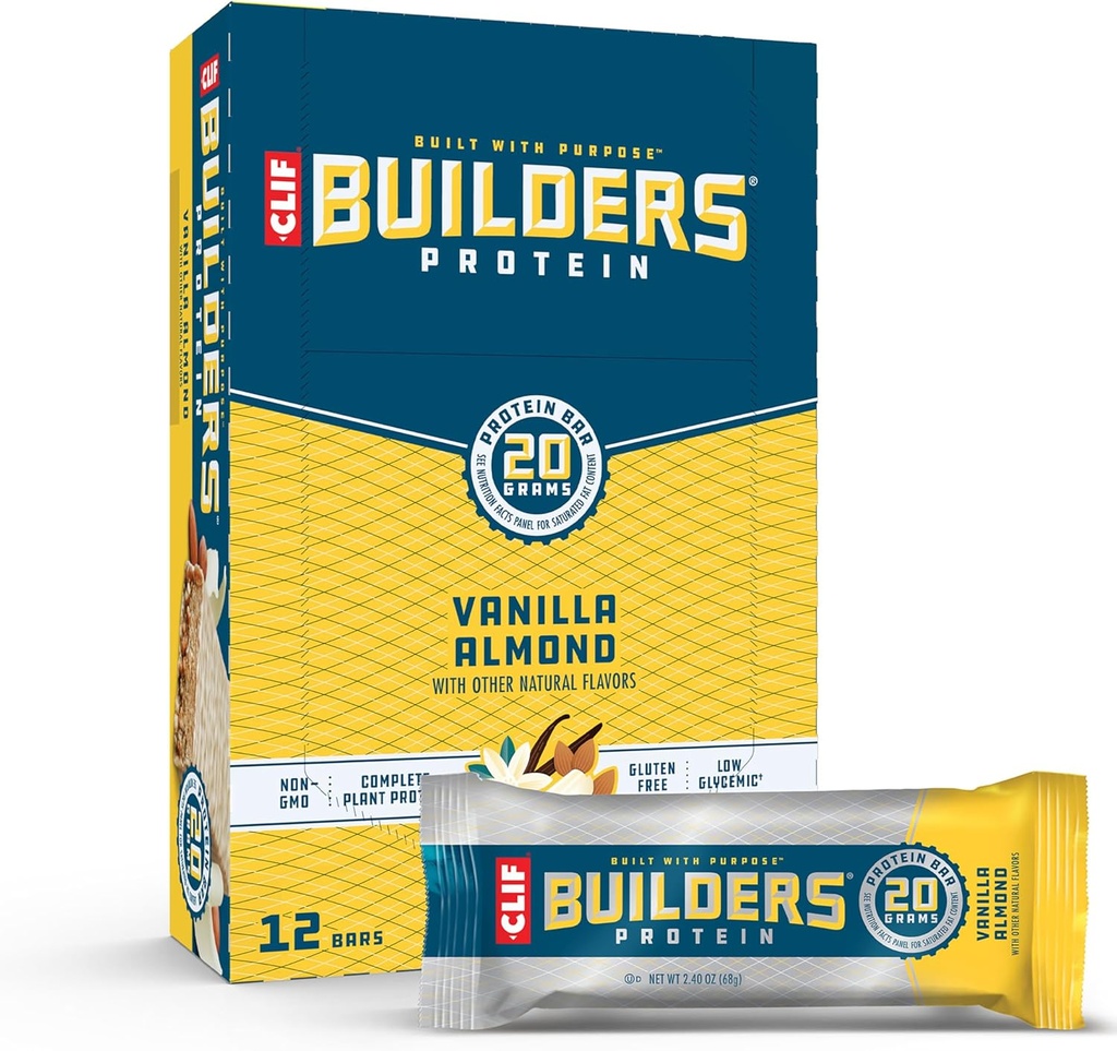 CLIF BUILDERS Protein Bars - Vanilla Almond Flavor - 20g Plant Based Protein - Gluten Free - Non-GMO - Low Glycemic - No Artificial Sweeteners - 2.4 oz. (12 Pack)