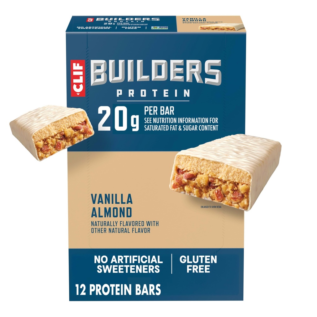 CLIF BUILDERS Protein Bars - Vanilla Almond Flavor - 20g Protéine végétale - Sans gluten - Non-OGM - Faible glycémique - Pas d'édulcorants artificiels - 2,4 oz (12 pack)
