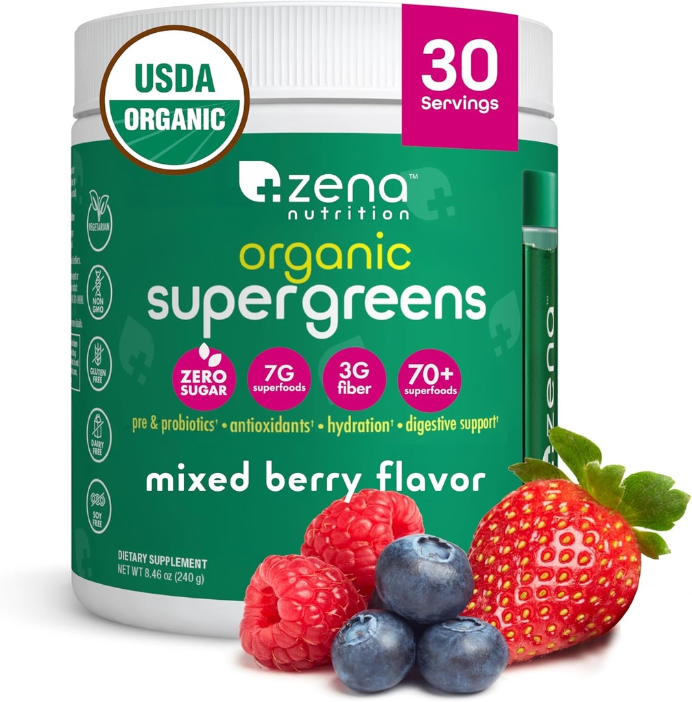 Zena Nutrition Bio Super Greens Poudre, 70+ Superfoods, 0 Sucre, Fibre 3G, Spiruline, Chlorella, Antioxydants, Prébiotiques/Probiotiques, Enzymes digestifs, Berry mélangé, 30 portions