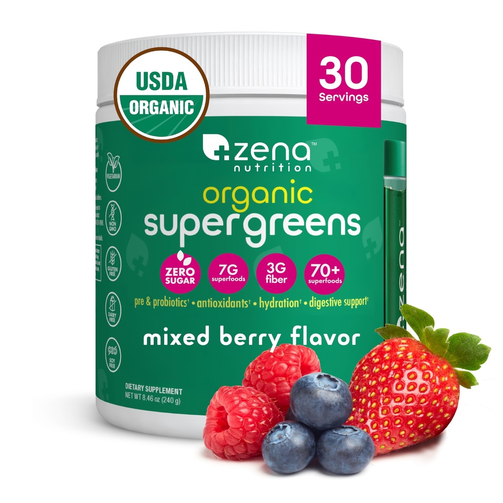 Zena Nutrition Bio Super Greens Poudre, 70+ Superfoods, 0 Sucre, Fibre 3G, Spiruline, Chlorella, Antioxydants, Prébiotiques/Probiotiques, Enzymes digestifs, Berry mélangé, 30 portions