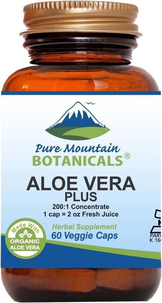 Pure Mountain Botanicals Aloe Vera Plus Capsules. 200:1 Extrait. Aloe Vera Gel séché biologique de casher, racine de marshmallow, orme de slipperie
