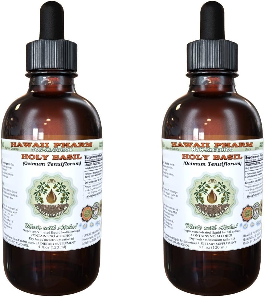 Saint basilic sans alcool extrait liquide, bio Saint basilic (Ocimum tenuiflorum) Feuille séchée Glycérite Hawaii Pharm supplément naturel à base de plantes 2x2 oz