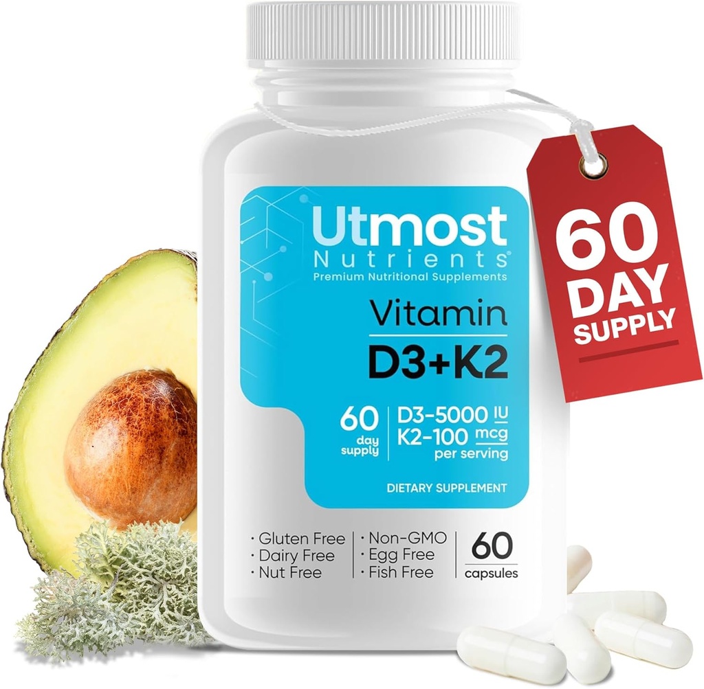 Vitamine D3 avec K2-5000iu Vitamine D et 100 mcg Supplément Vitamine K dans une gélule pour une biodisponibilité maximale - Améliore l'absorption de calcium pour la santé cardiovasculaire, immunitaire et osseuse (60 capsules)