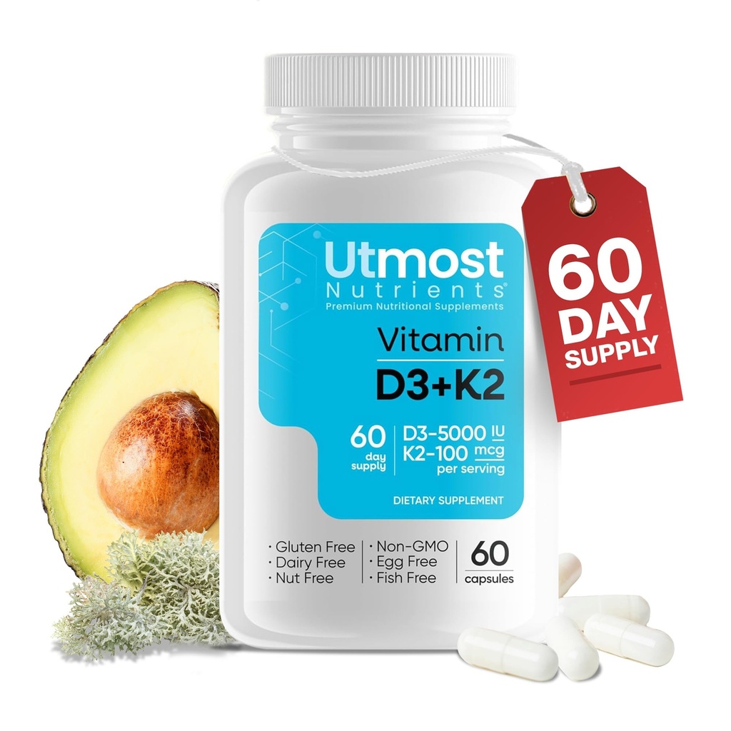 Vitamine D3 avec K2-5000iu Vitamine D et 100 mcg Supplément Vitamine K dans une gélule pour une biodisponibilité maximale - Améliore l'absorption de calcium pour la santé cardiovasculaire, immunitaire et osseuse (60 capsules)