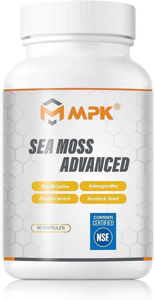 MPK 3000 mg Sea Moss Advanced Ashwagandha,Bladderwrack, Sea Moss Black Seed Oil Ashwagandha gingerBurdock Root Sea Moss Black Seed Oil Ashwagandha Ginger(60 Capsules, Arôme côtier)