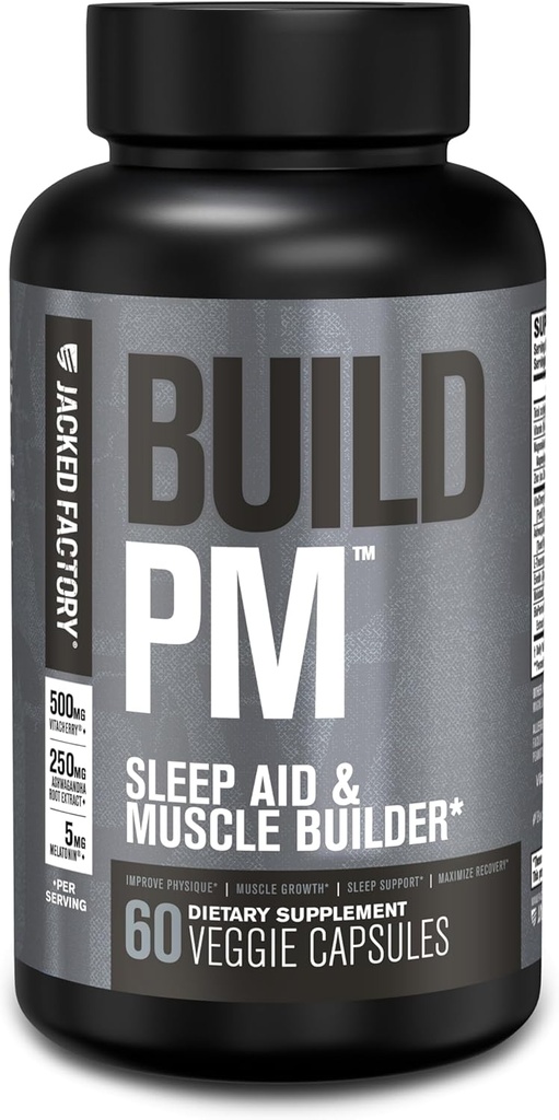 Jacked Factory construire PM Night Time Muscle Builder & Sleep Aid - Post Workout Recovery & Sleep Support Supplément w/VitaCherry Tart Cherry, Ashwagandha, & Melatonin - 60 pilules Veggie naturelles