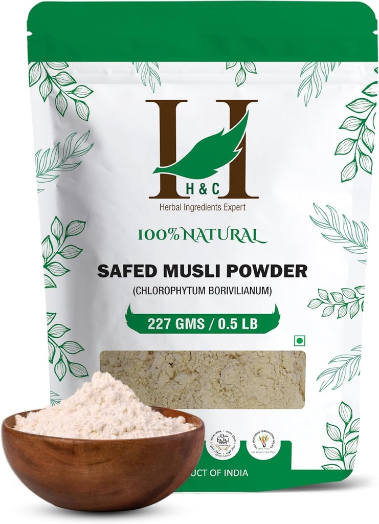 Poudre de Musli sans danger cultivée à 100 % naturelle - Chlorphytum Borivillianum 227 GMS / 1/2 LB Pound / 08 Oz - traitée dans un établissement agréé par la FDA (Un supplément de santé naturel à 100 %)