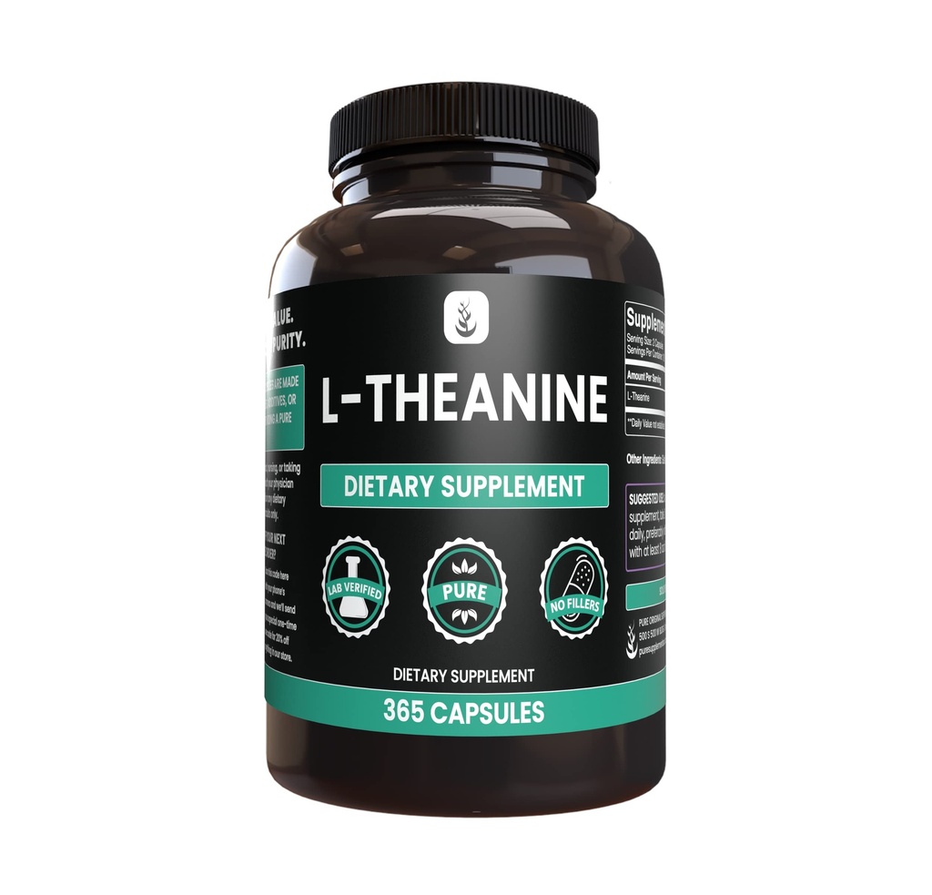 Ingrédients originaux purs L-Theanine (365 Capsules) Acid Amino, Pas de Magnésium ou de Rice Filler, Lab Vérifié