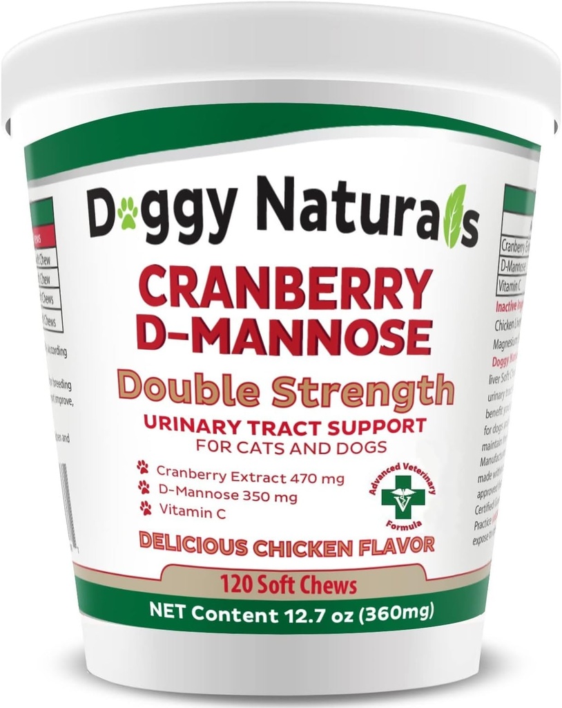 Cranberry D-Mannose pour chiens et chats Soutien de l'infection urinaire de piège prévient et élimine UTI, Soutien de l'infection par Bladder Rein 11,4 oz (Double Strength Soft Chew, 120 Soft Chew)