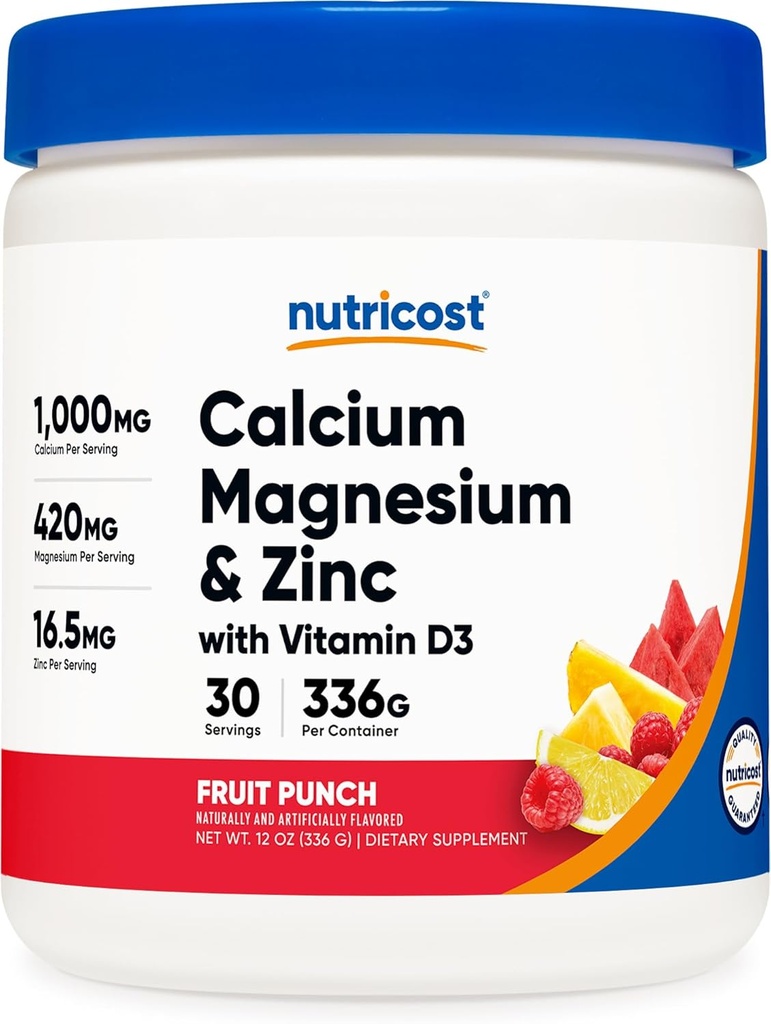 Nutricost Zinc de magnésium de calcium avec de la vitamine D3 en poudre, 30 portions (fruit punch) - Calcium (1000 MG) Magnésium (420 MG) Zinc (16,5 MG) Vitamine D3 (30 MCG) - Sans gluten, sans OGM