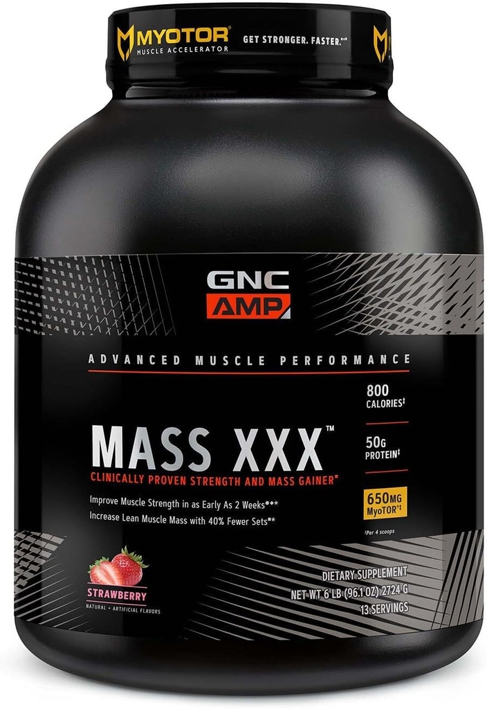 GNC AMP masse XXX, cliniquement prouvé gain de poids en poudre de protéines, améliore la résistance et la taille, 780 calories, 50g protéines, acides aminés micronisés, créatine, bêtaine, fraise, 13 portions, 6 livres
