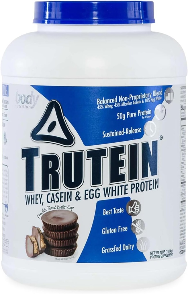 Trutéine à haute teneur en protéines en poudre : 45 % de lactosérum, 45 % de caséine, 10 % d'oeuf blanc mélange de protéines agitées, sans gluten, faible teneur en sodium, faible teneur en protéines de glucides pour les hommes et les femmes, beurre d'arachide au chocolat, 4lb