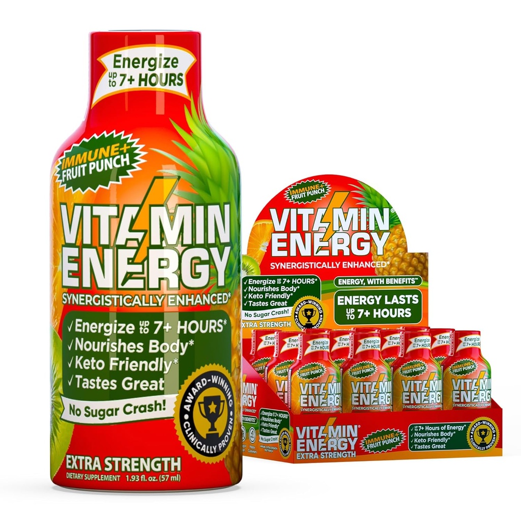 Vitamine Energy Immune+ Extra Strength Energy Shot Fruit Punch 12 Pack, 260mg Caféine naturelle, B-Vitamines, Citicoline, Thé vert, Immunity & Focus Support, Zéro sucre, Sans gluten 1,93 fl oz