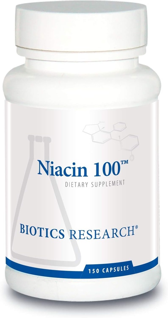 Recherche en biotique Niacine 100, 100 Milligram Niacine, Vitamine B3, Cholestérol, HDL, LDL, Triglycéride, LP, Santé cardiovasculaire, 150 Capsules