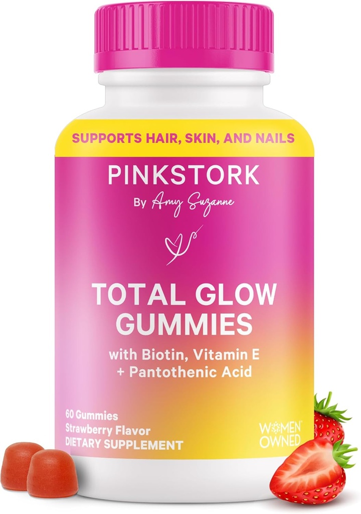 Pink Stork Total Glumies pour les femmes – Cheveux, peau et ongles Vitamine avec biotine, vitamine A, B6, B12, Folate, zinc et plus – Soutien pour la peau radiante, ongles forts et cheveux sains – 60 baies