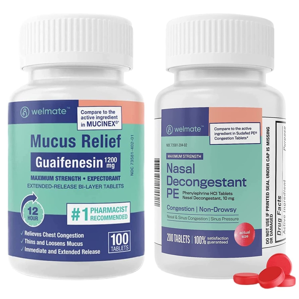 WELMATE Respirative Relief Bundle: Force maximale Guaifenesin 1200 Mg Mucus Relief (100 comprimés bi-layer) + Phénylephrine HCl 10 mg Nasal Defongestant PE (200 comprimés) Sinus, froid et support allergène