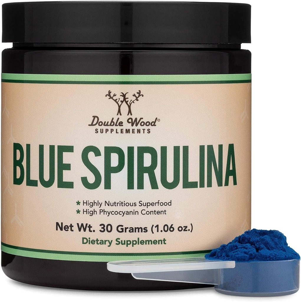 Poudre de Spiruline Bleue - Teneur maximale de 35% en Phycocyanine, Poudre Superalimentaire d'algues bleues-vertes, Mélange dans des boissons smoothies et protéinées, Coloration des aliments végétaux (un mois d'approvisionnement) par Double Wood