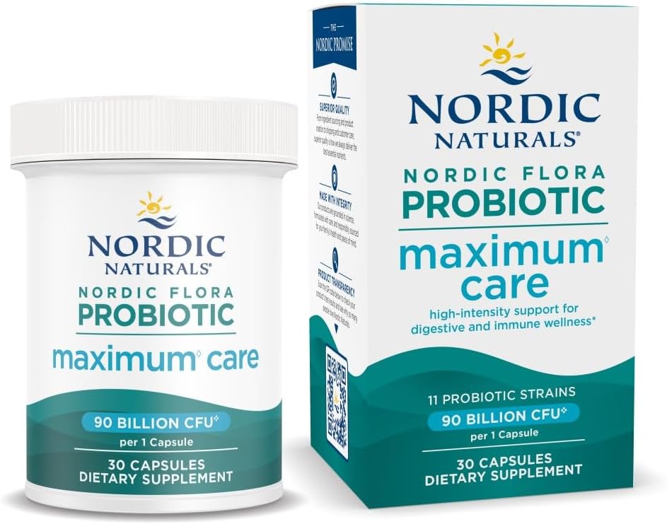Nordic Naturals Nordic Flora Probiotique Soins maximaux, 30 capsules, 11 souches probiotiques pour le soutien médical quotidien immunitaire et digestif, végétalien, 30 portions
