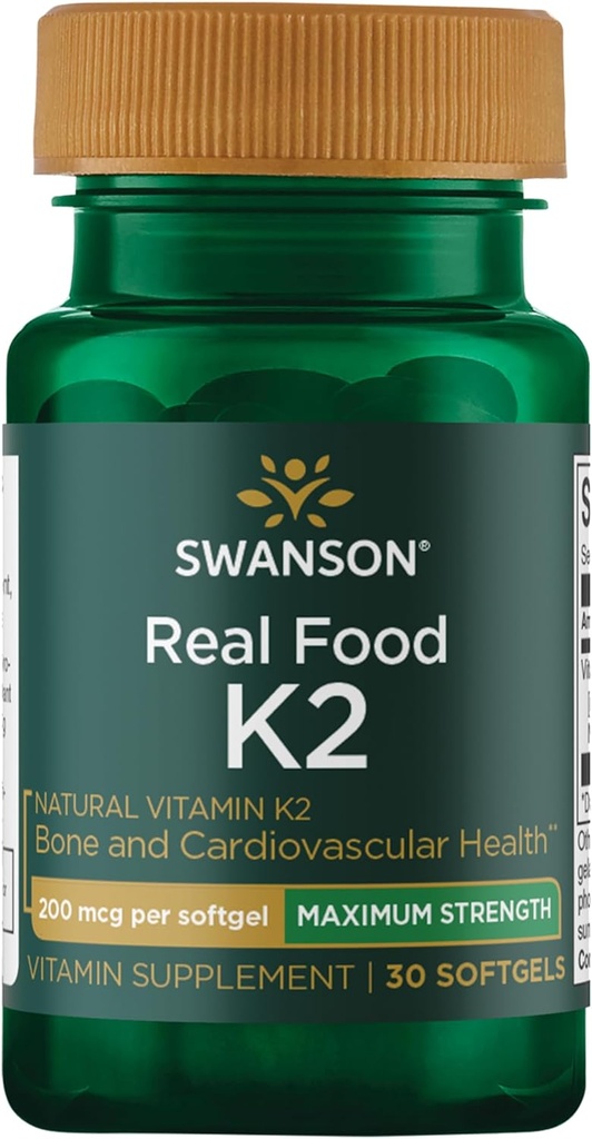 Swanson Maximum Strength Vitamine K2 (Ménaquinone-7)-Supplément de vitamine pour soutenir la santé cardiovasculaire et osseuse-Fabriqué à partir de Natto japonais pour aider à réglementer le calcium (30 softgels, 200mcg chacun)