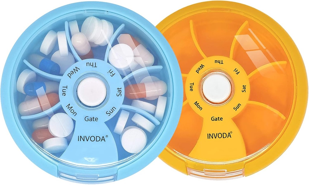 INVODA Weekly Pill Organizer 7 Compartiment Pill Box rotative pour les médicaments quotidiens et les vitamines - Portable Travel Pill Case Suppléments huile de poisson Vitamines Organizer (Blue+Orange)