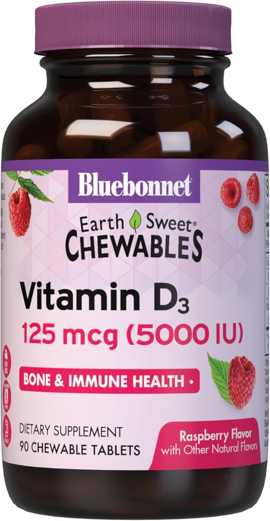 Bluebonnet Nutrition Terre Vitamine douce D3 5000 UI Comprimés à croquer, aides à la croissance musculaire et squelettique, non OGM, sans gluten et sans soja et sans lait, casher, framboise, blanc, 90 comte