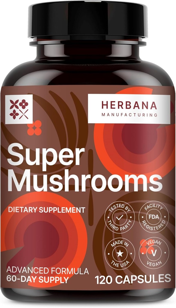 Super Mushrooms 8-in1 120 Capsules - Brain Booster & Immune Support Drops - Reishi, Lion`s Mane, Cordyceps, Chaga, Mitake, Turkey Tails, Shiitake, Agaricus - High Potency Extract