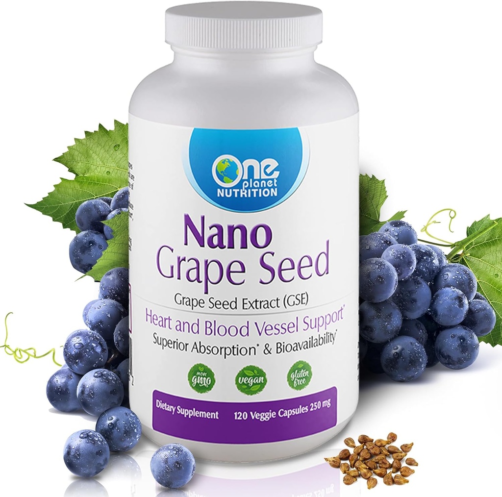 One Planet Nutrition Nano Grape Extract 250 mg Capsules de légumes (120 portions), Nano pour l'absorption accrue, soutient la santé antioxydante pour la santé vasculaire, non-OGM, végétalien, sans gluten