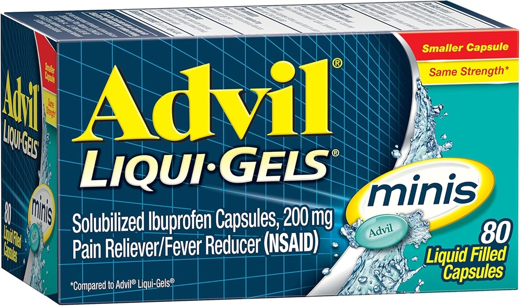 Advil Liqui-Gels Minis analgésique et réducteur de fièvre, médicament pour la douleur pour adultes avec l'ibuprofène 200mg pour soulager la douleur - 80 Capsules remplies de liquide