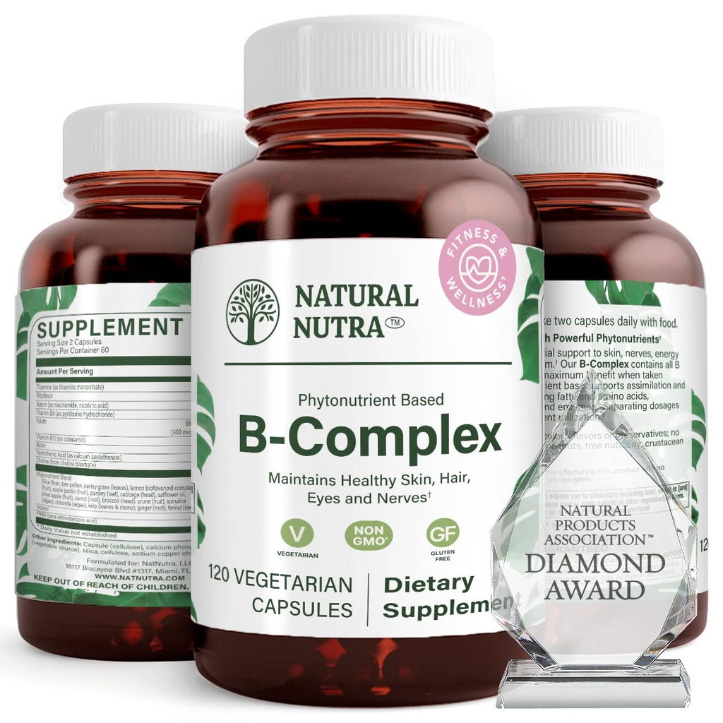 Complexe naturel Nutra Vitamine B avec Niacine, Folate, Thiamine, Biotine, Soutient la santé du système nerveux, Promote le métabolisme, la peau, la santé des yeux et des cheveux, Complément alimentaire entier, 120 Capsules végétariennes