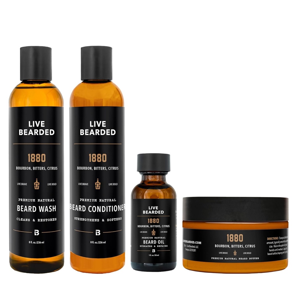 Kit de chambre à barbe en direct - lave-linge, revitalisant, beurre et huile - Fabriqué aux États-Unis avec des ingrédients tout-naturels - Ensemble de salle de bain homme - 1880 Scent - Bourbon, amers, agrumes