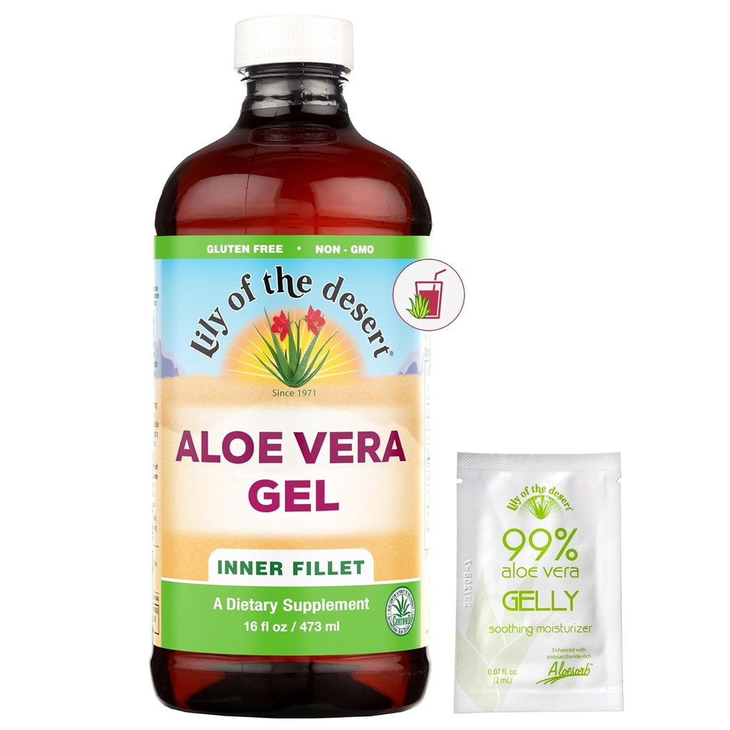 Lily of The Desert Aloe Vera Gel - Filet intérieur Filtré Aloe Vera Boissons, Cohérence plus épaisse, Enzymes digestifs pour la santé de Gut, Soulagement de l'estomac, Wellness Glowing Skin 16 Fl Oz Gelly Sachet Inclus.