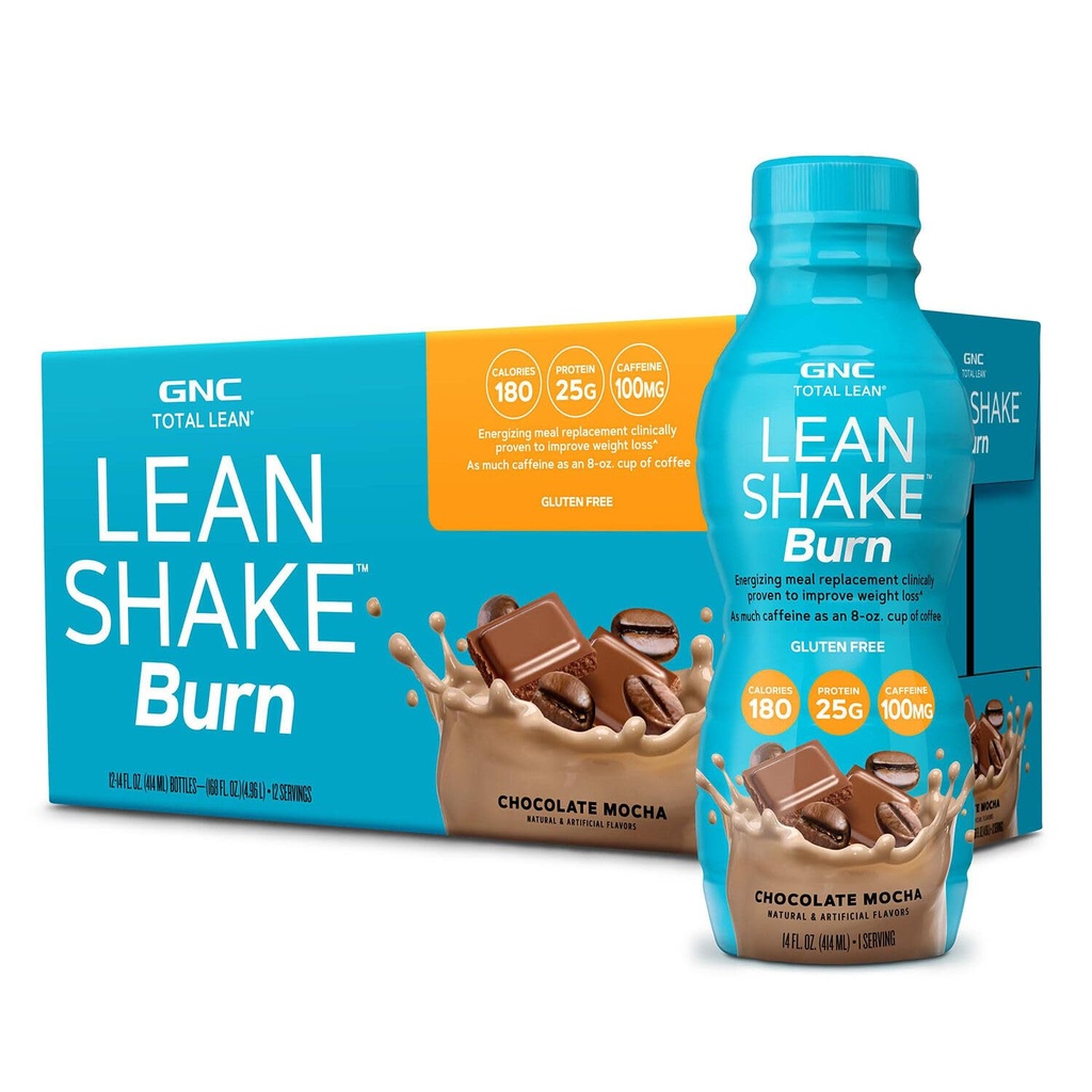 GNC Lean Shake Burn avec de la caféine, substitut de repas, Chocolat Mocha, 25g de protéines, Gestion du poids cliniquement prouvé, prêt à boire, Zéro sucre ajouté, 14 oz bouteilles, Pack de 12