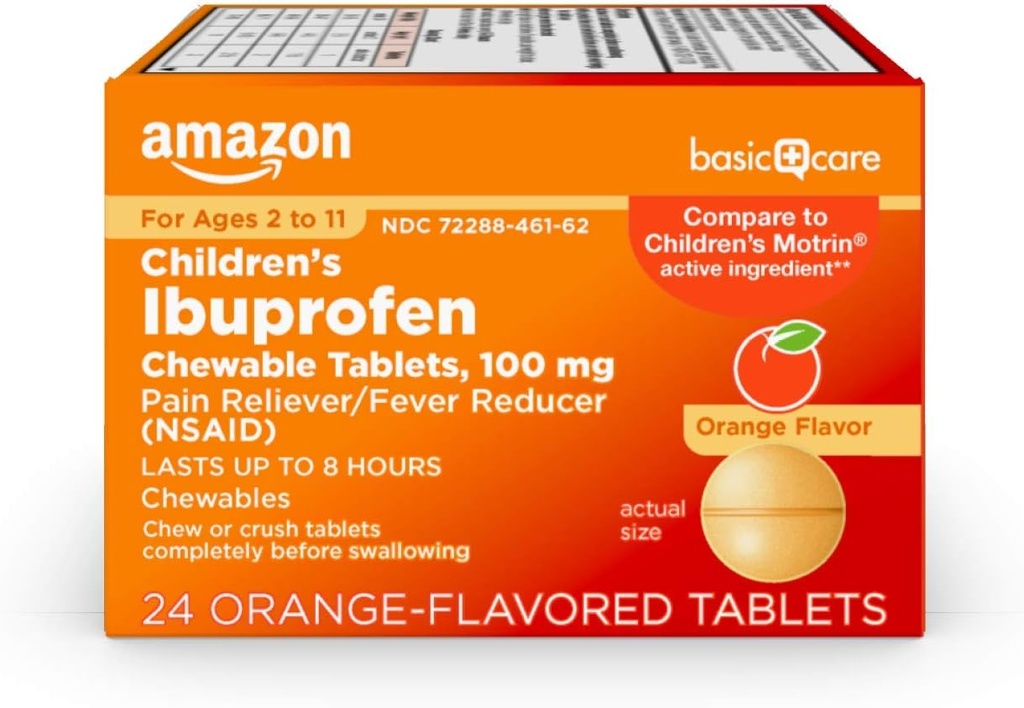 Soins de base Ibuprofène pour enfants Comprimés chirurgicaux, 100 mg, analgésique et réducteur de fièvre, Arôme d'orange, Pour les douleurs, les douleurs, la gorge douloureuse, le soulagement des dents et des maux de tête, 24 comtes