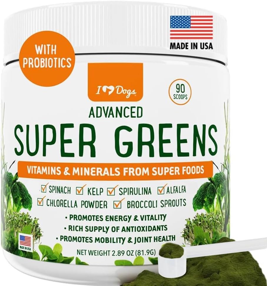 iHeartDogs Super Greens pour les chiens avec des germes de brocoli et de la poudre de spiruline - Allergie saisonnière et soutien immunitaire Poudre de chien vert - Vitamines, antioxydants et minéraux Supplément pour les chiens