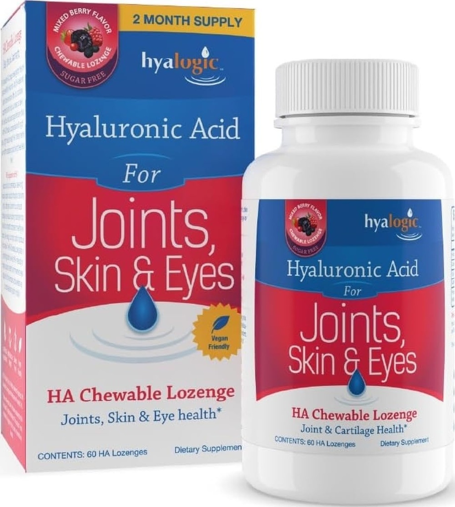 Lozenge à l'acide hyaluronique à l'acide hyaluronique - Comprimés à l'acide hyaluronique à l'acide hyaluronique à l'acide hyaluronique pour soins de la peau et yeux – suppléments à l'acide hyaluronique à l'acide végétalien, sans sucre et favorisés par les baies (compte 60)
