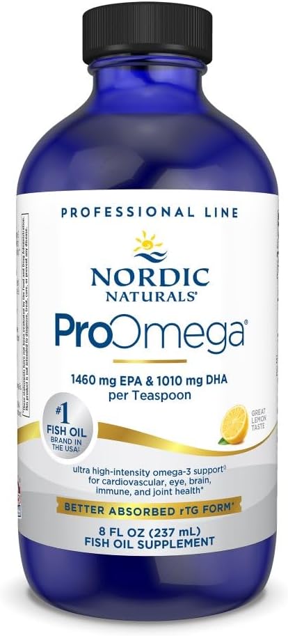 Nordic Naturals ProOmega Liquid, Lemon Flavor - 8 oz - 2840 mg Oméga-3 - Huile de poisson de haute puissance avec EPA et DHA - favorise la santé du cerveau, des yeux, du coeur et des immuns - non-OGM - 48 portions