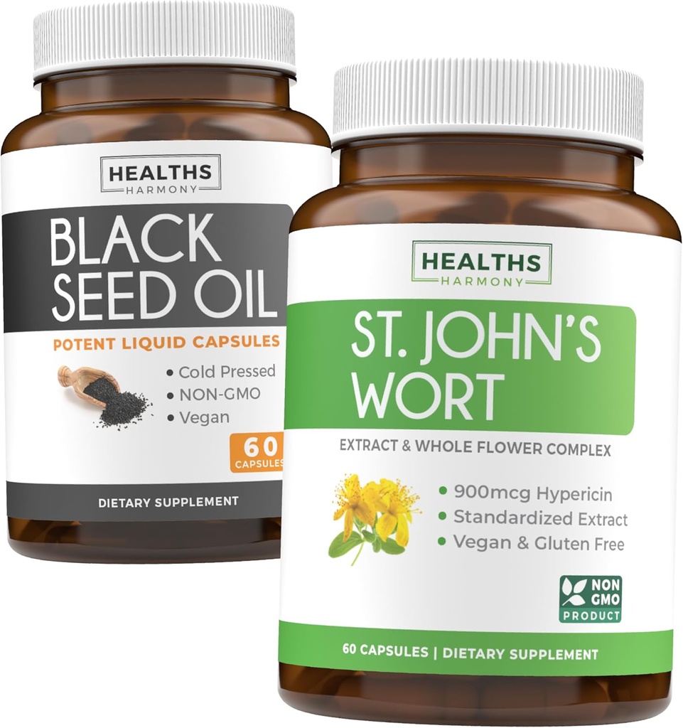 Black Seed Oil & St. John's Wort (1-Meth Supply) Mélange de serène de Black Seed Oil (60 capsules) Nigella Sativa pressée à froid et St. John's Wort (60 capsules) avec Hypericine puissant 900mcg