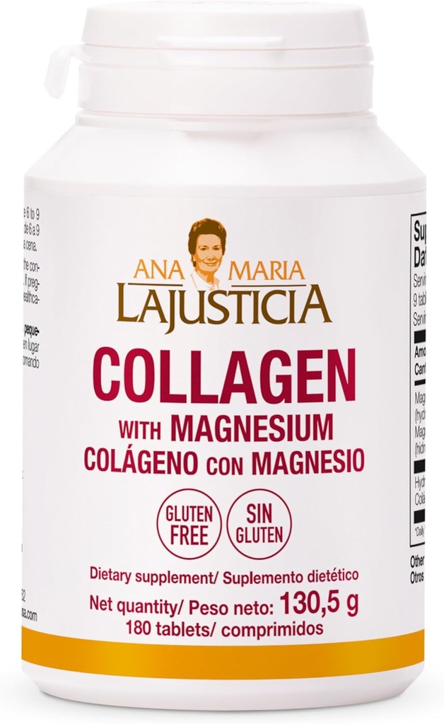 Ana Maria LaJusticia Collagen avec Magnésium 180 Tabs - Dents, peau et os sains - Plein d'énergie - Sans gluten - Facile à utiliser - rajeunit votre peau et renforce le système nerveux - de l'Espagne