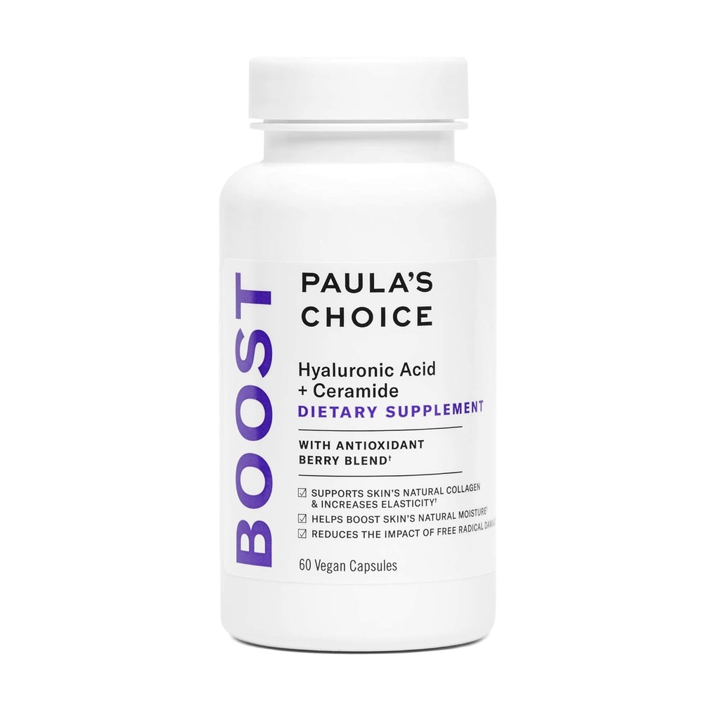 Le choix de Paula Acide hyaluronique + supplément diététique du céramide, soutien au collagène pour une peau douce, saine et radiante, sans gluten + sans soja, 60 capsules véganes