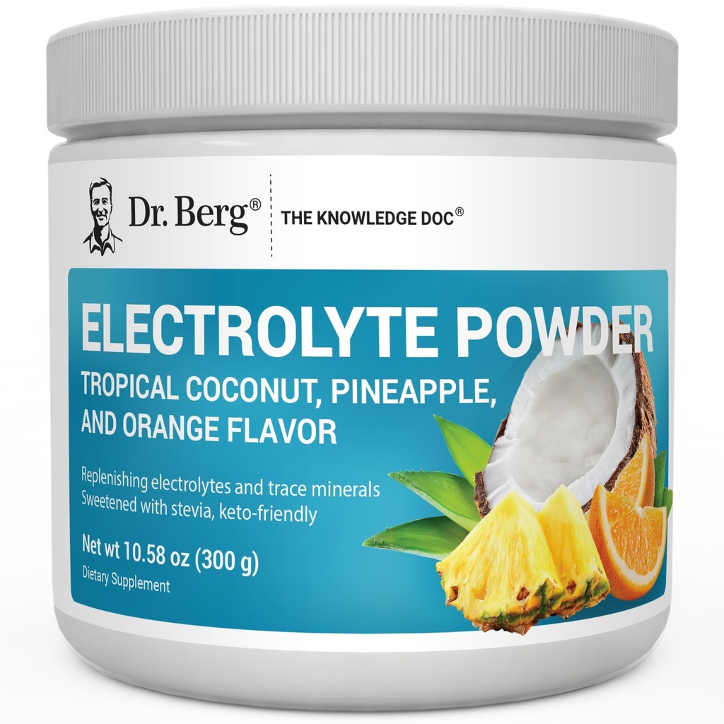 Dr Berg Zero Sucre Hydratation Poudre d'électrolyte Keto - Amélioré avec 1000 mg de potassium et de véritable sel d'Himalaya rose (NOT Table Salt) - Boissons de coco tropicale, ananas et orange Supplément 50 portions