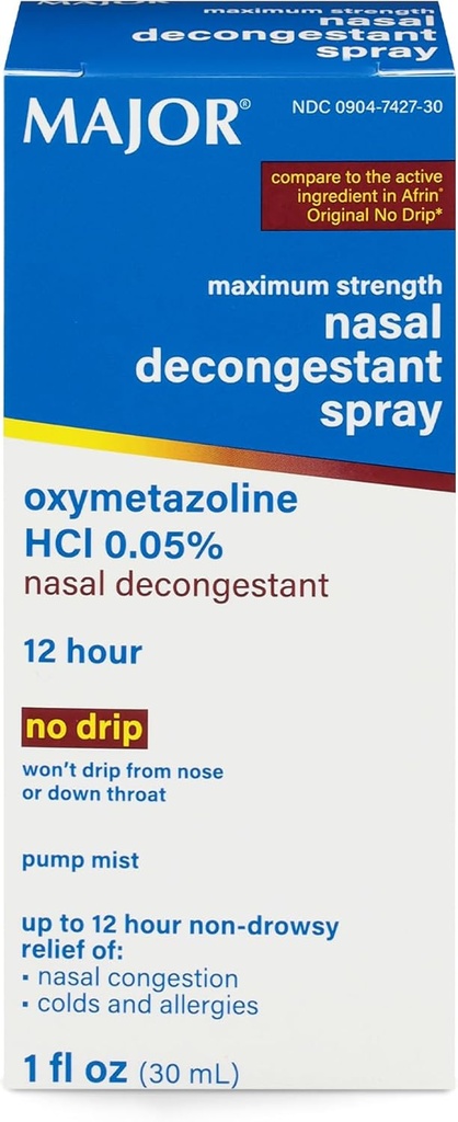 MAJOR Résistance maximale Vaporisateur à dégivrage nasal, HCl à Oxymétazoline 0,05% Mist de pompe, Spray nasal non somnolent, jusqu'à 12 heures de soulagement de la congestion nasale, des rhumes et des allergies 1 Fl. Oz. (1-Pack)
