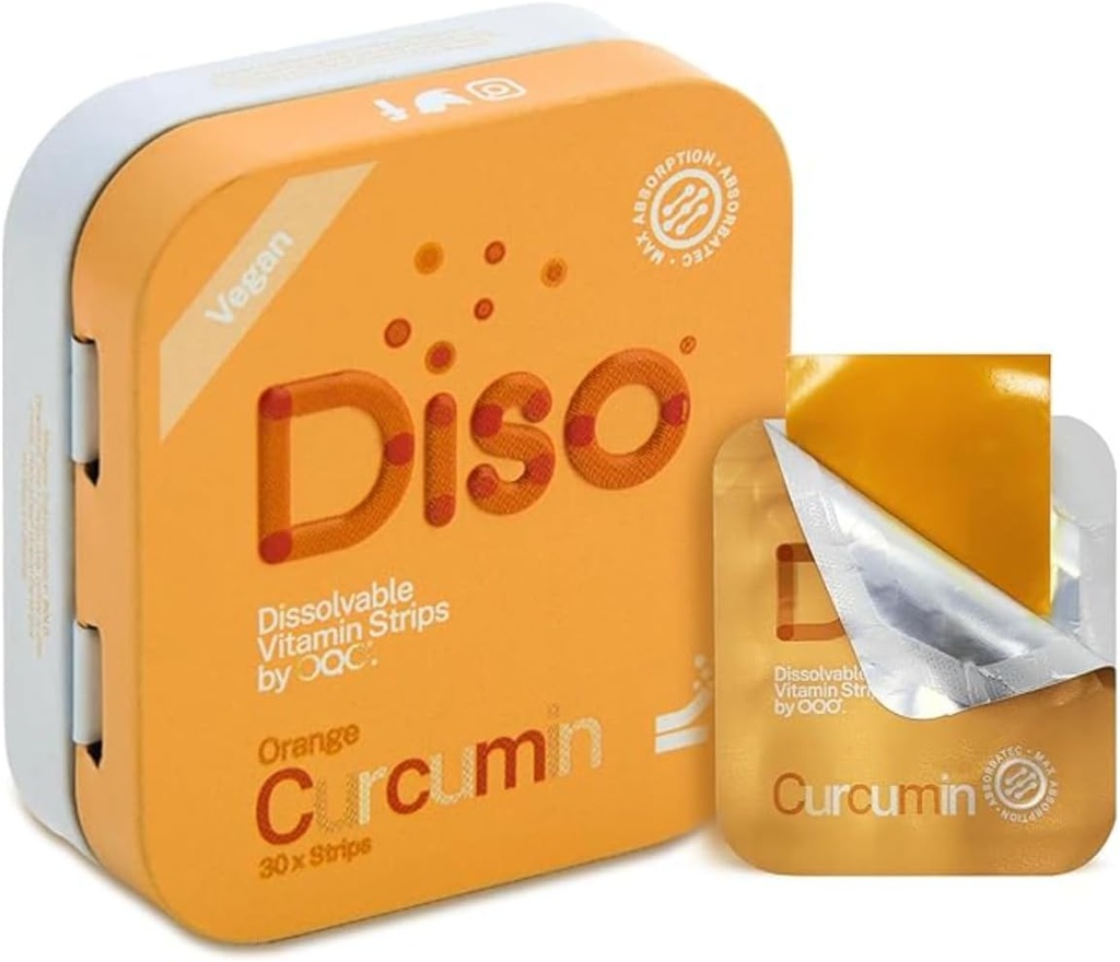 DISO - Curcumine - Bandes curcuma à dissolution rapide, Arôme d'orange, Vegan, Sans sucre, Absorption maximale, Sans gluten, emballée individuellement, 30 Bandes dissolvables