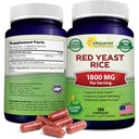 aSquared Nutrition Red Yeast Riz 1800mg - Supplément alimentaire Pilules en poudre végétaliennes pour soutenir la santé cardiovasculaire - 180 Capsules de Veggie