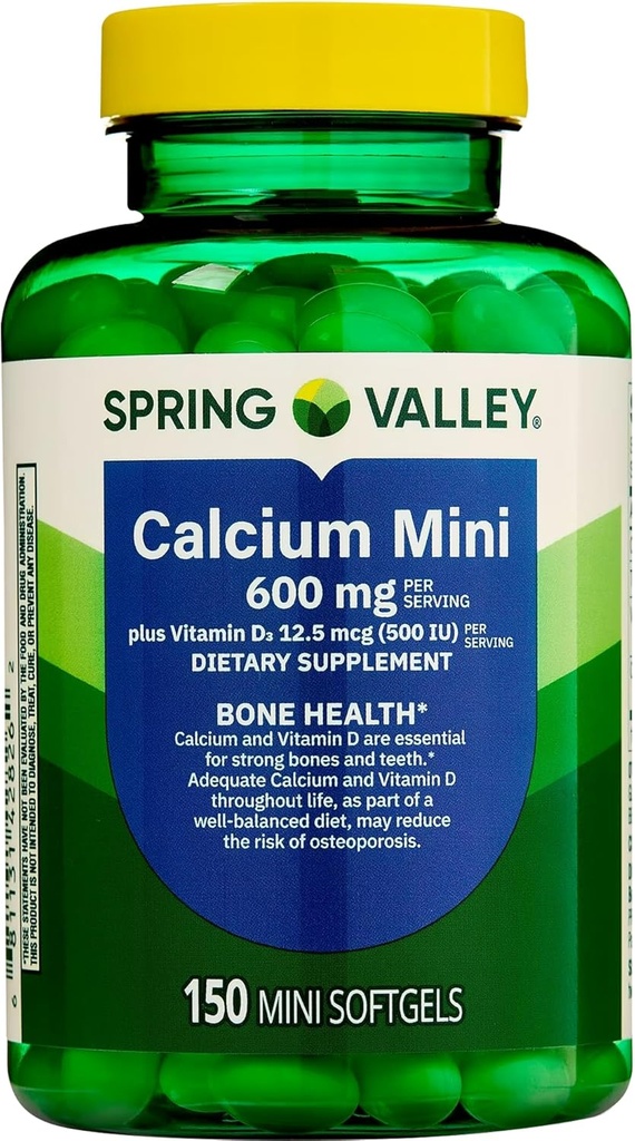 Spring Valley Calcium Mini 600 mg Plus Vitamine D3, 150 Compte, supplément alimentaire, petit ensemble de pilules de calcium avec 45 diabète décodé de Luall